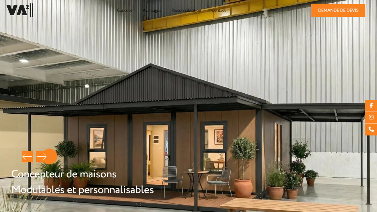 Page d'accueil du site VA2 Corsica présentant une maison modulaire